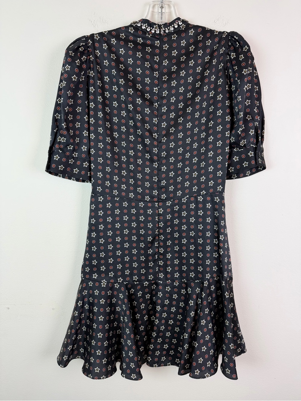 Sandro Short Star-Print Satin Dress with Rhinestone Neckline Size 36 US 4 - Picture 10 of 16